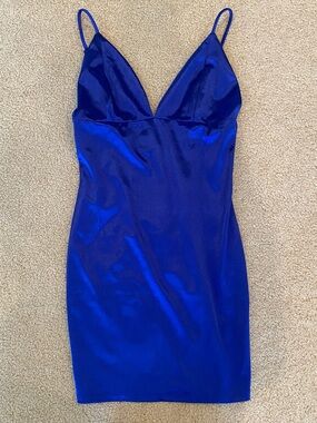 Fashion Nova Women’s Blue Satin Solid Full Slip Dress, Strap Accents Size S